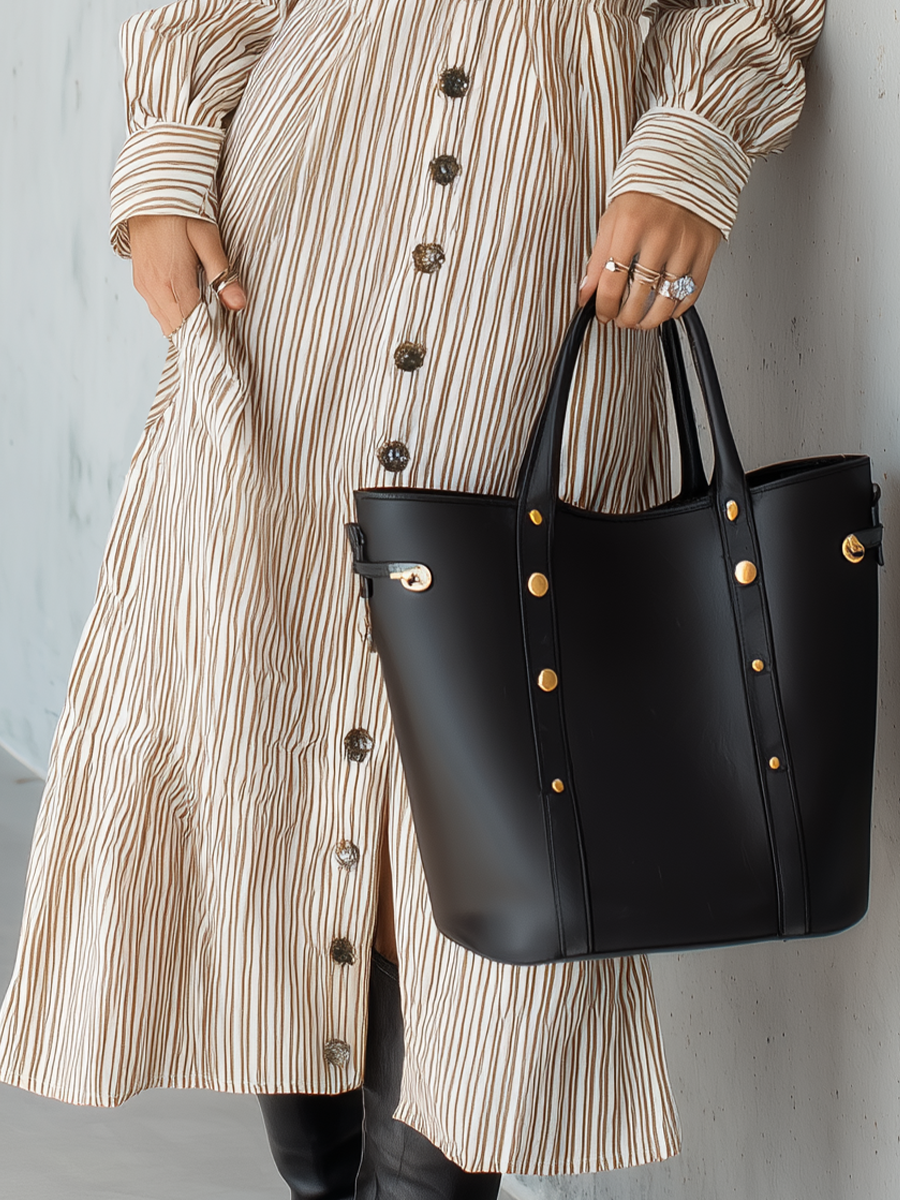 Elegant Striped Off-Shoulder Button Midi Dress