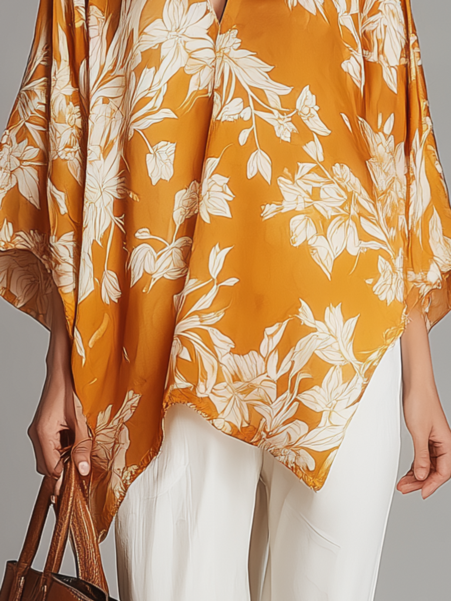 Bohemian Floral Print Poncho Blouse