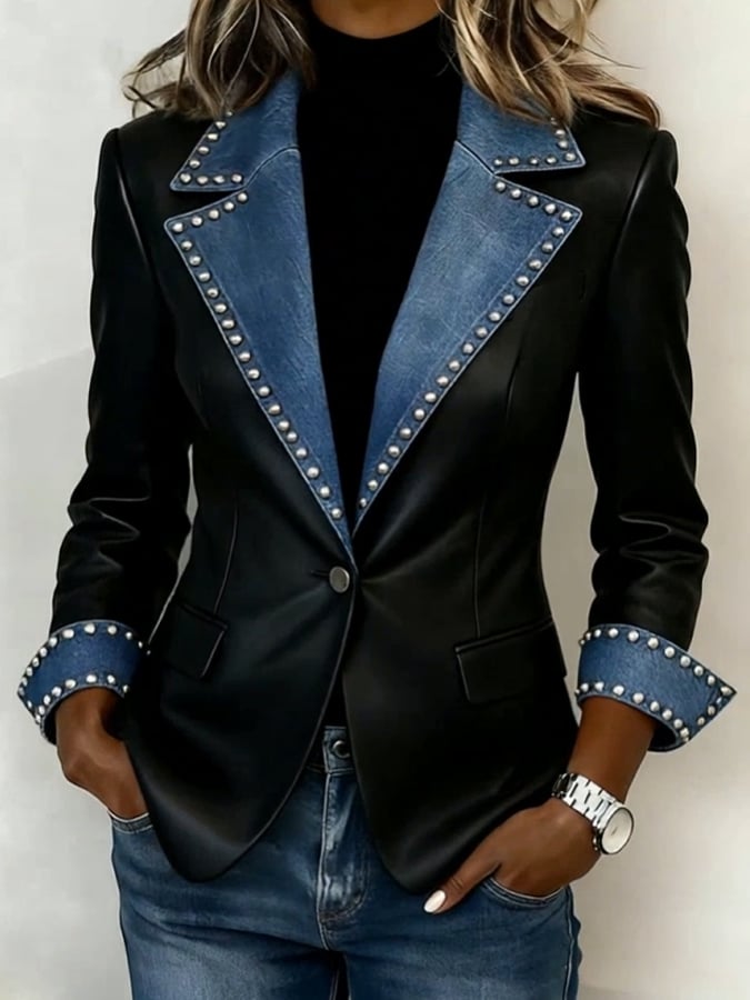 Women'S Casual Color-Block Patchwork Studded Jacket