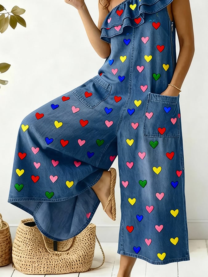 Women'S Casual Color-Blocked Printed Ruffled Jumpsuit