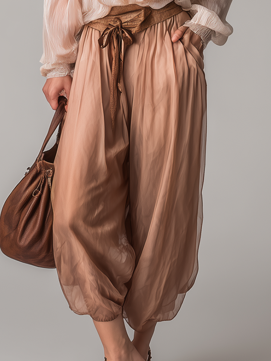 Romantic Blush Off-Shoulder Chiffon Top & Drawstring Wide-Leg Pant Set