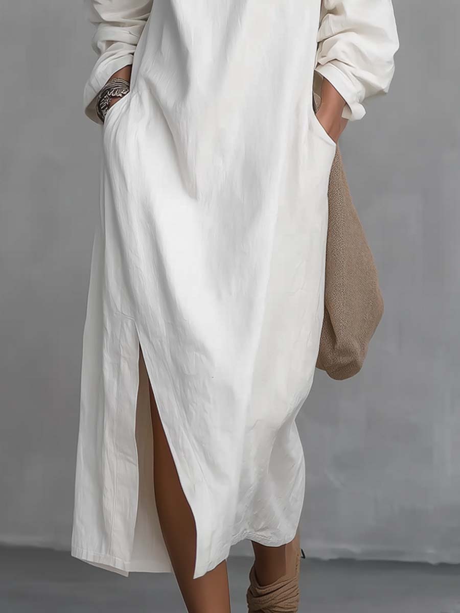 Loose-fitting One Shoulder Split Hem Cotton Linen Midi Dress