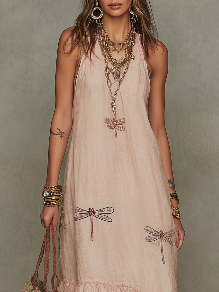 Vintage Dragonfly Embroidered Boho Dress