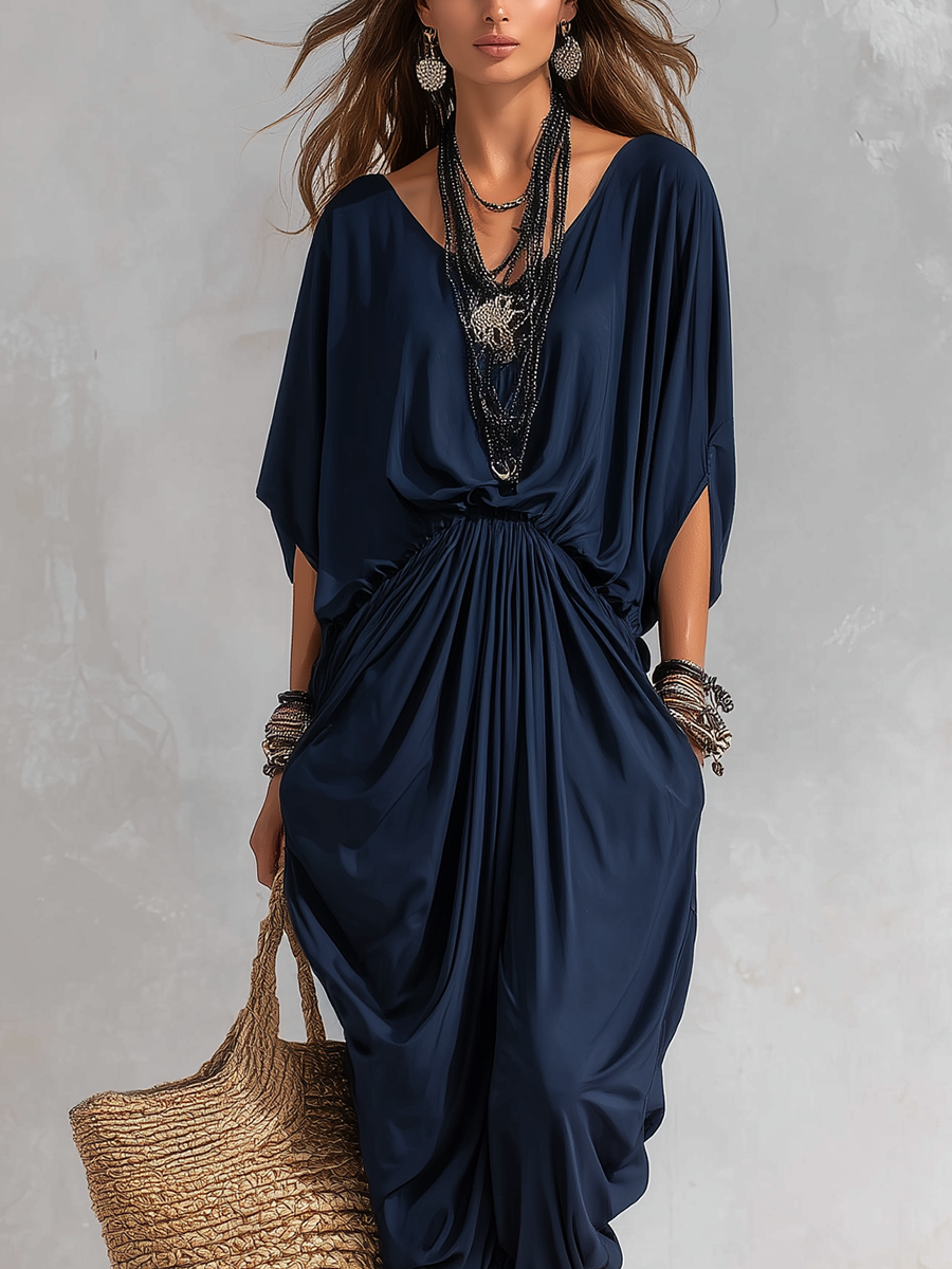 Midnight Blue Draped Bohemian Dress