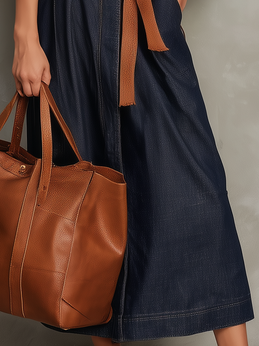 Polished V-Neck Tie-Waist Denim Maxi Dress
