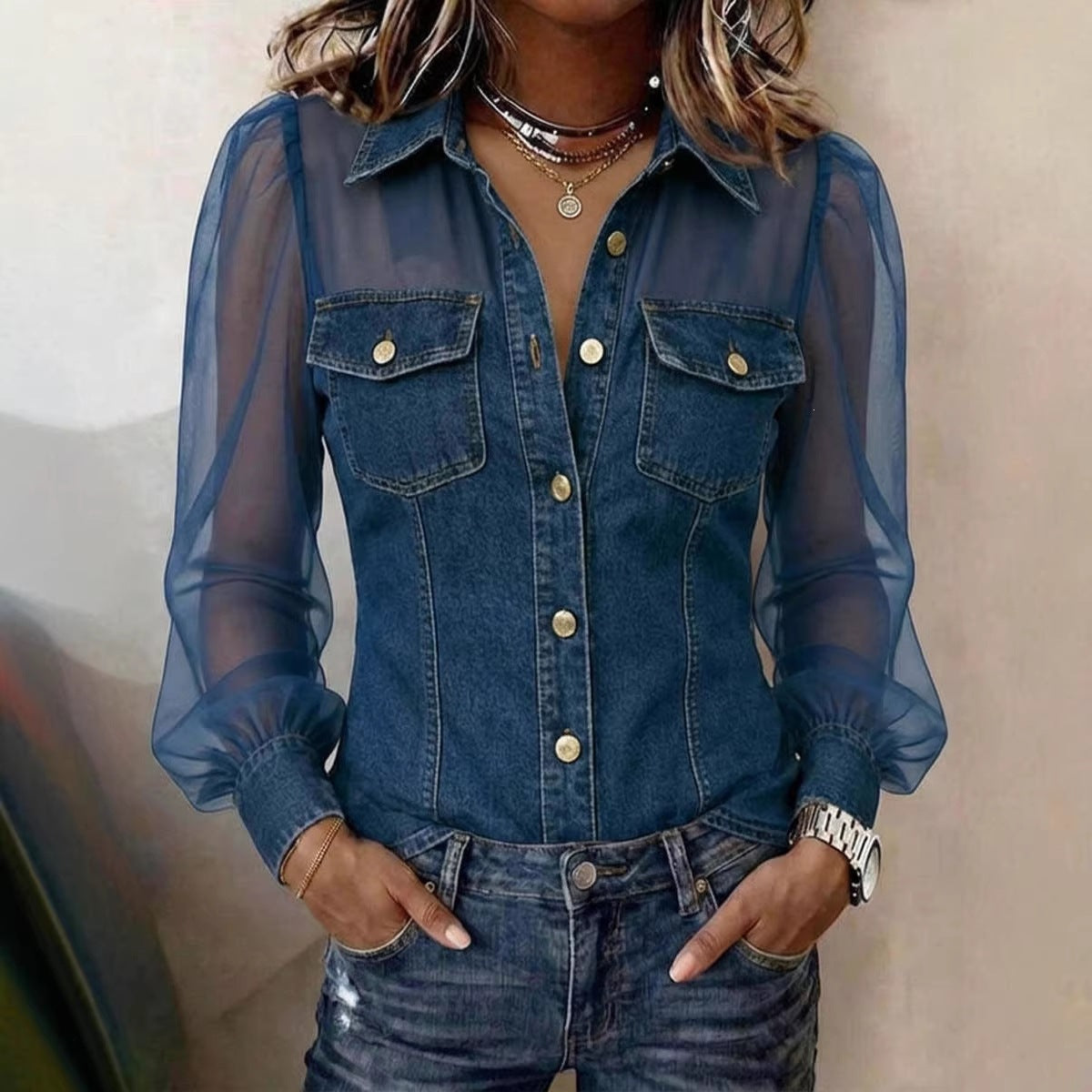 Women's Denim & Mesh Patchwork Point Collar Button-Front Long Sleeve Jacket Shirt