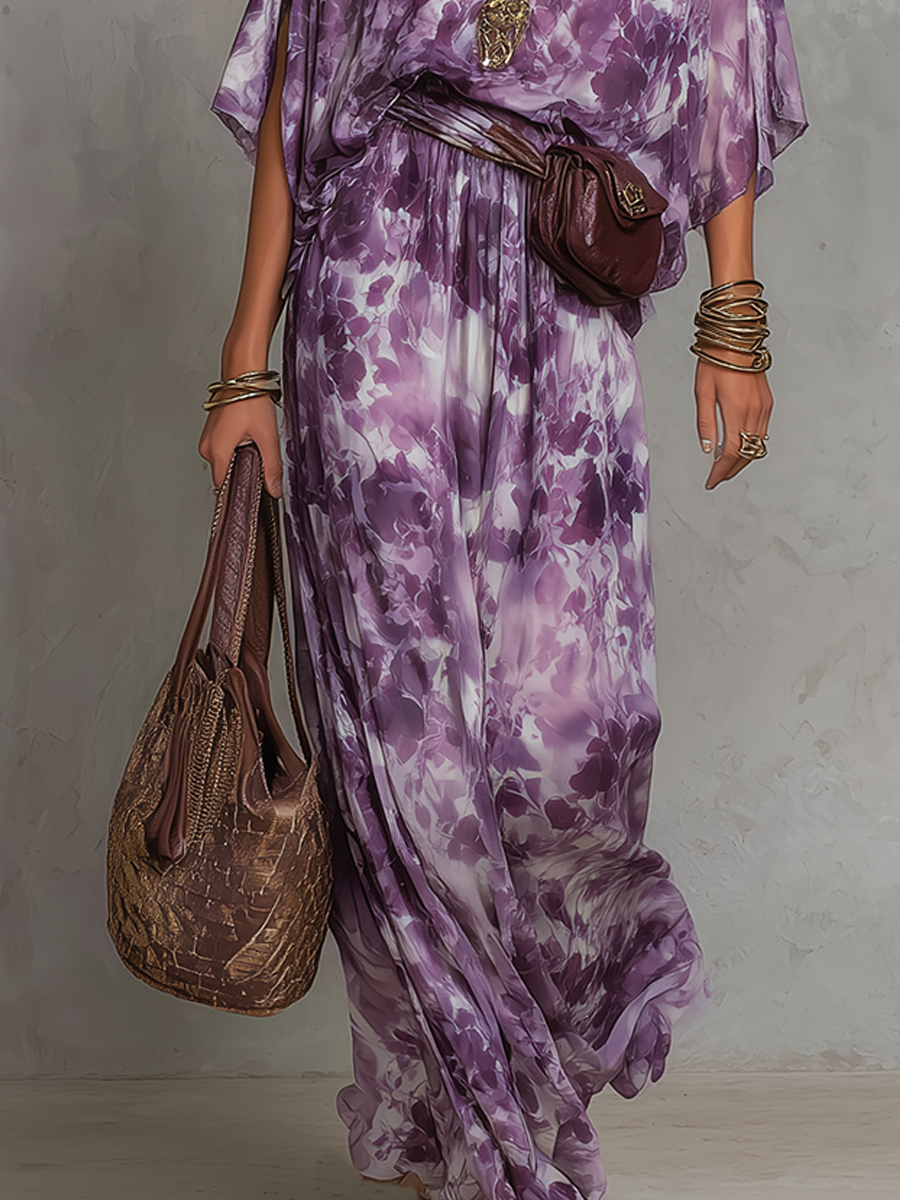 Lavender Print Bohemian Belted Maxi Dress