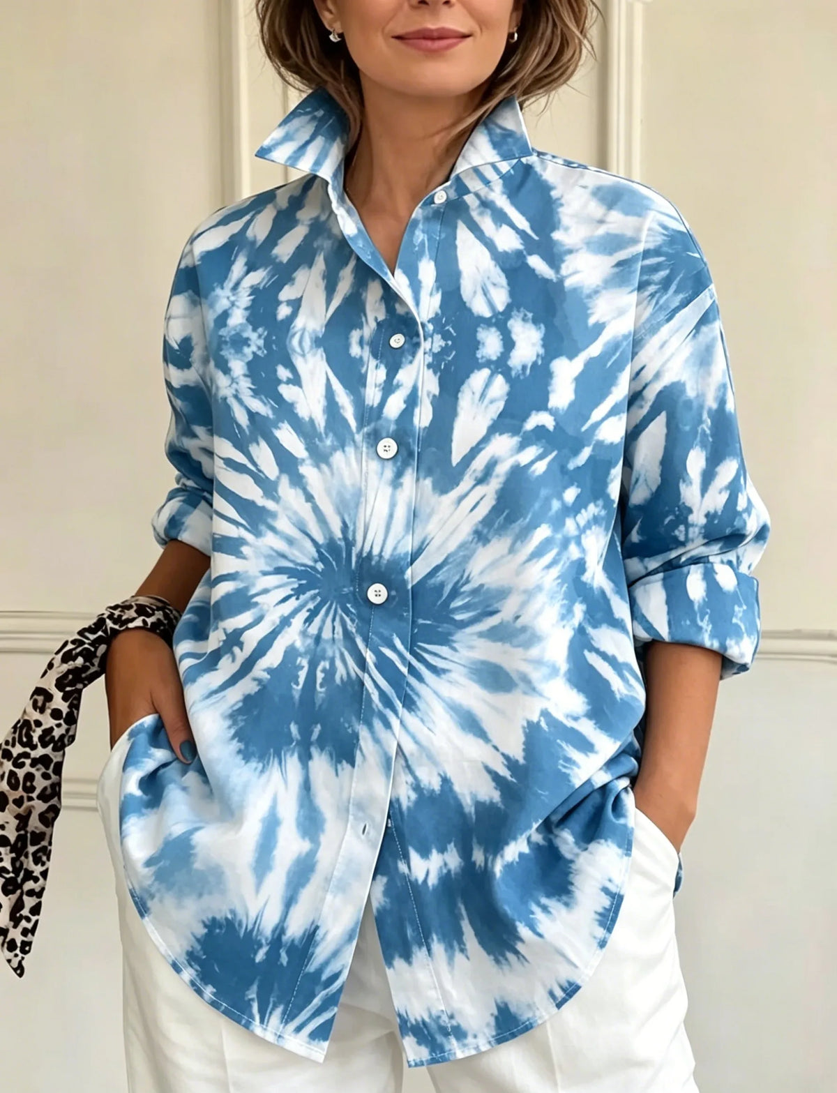 Blue & White Spiral Tie-Dye Collared Loose Long Sleeve Button-Down Shirt