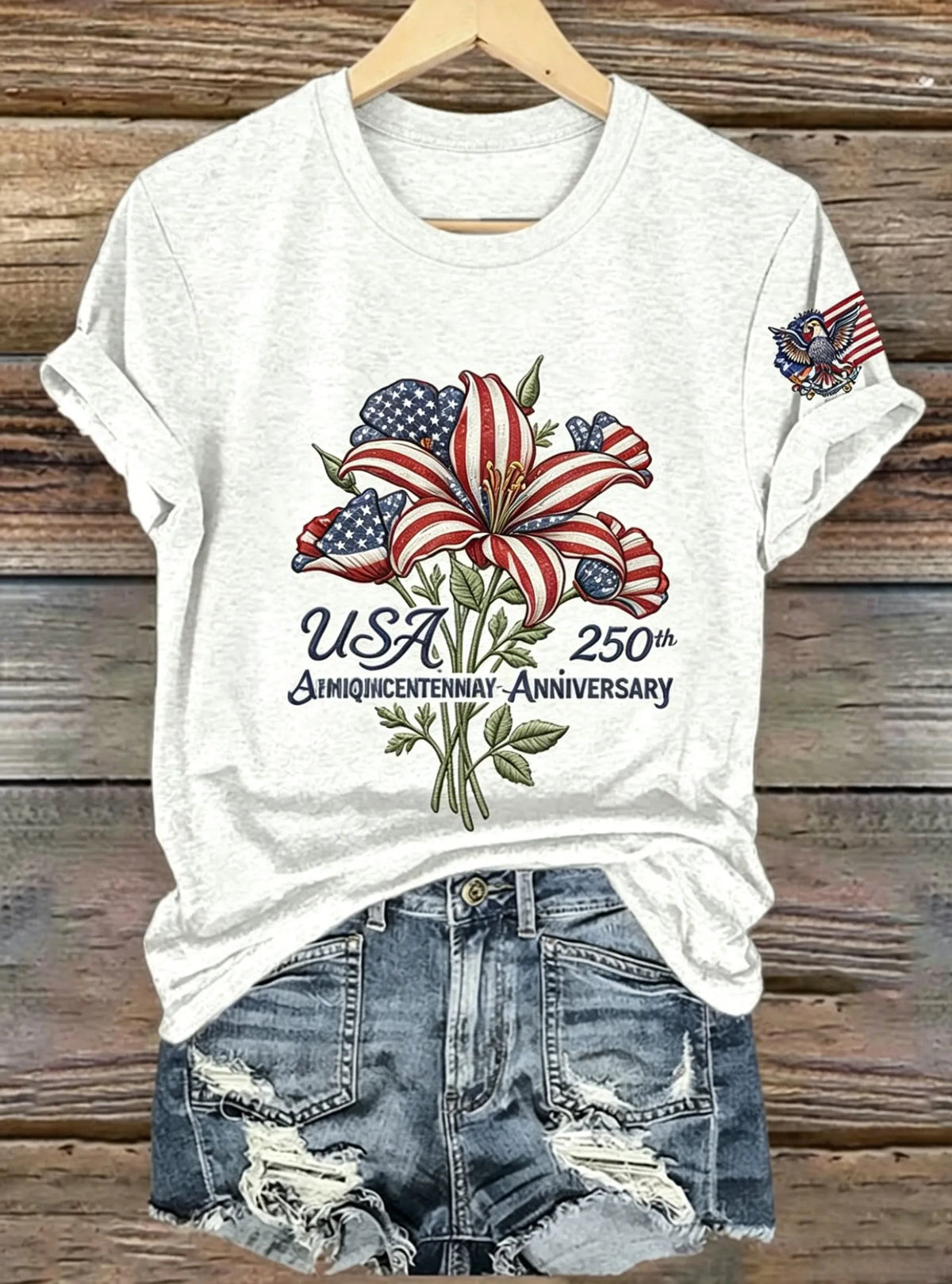 USA Flag Lily Eagle Print Heather Grey Crew Neck Short Sleeve Tee