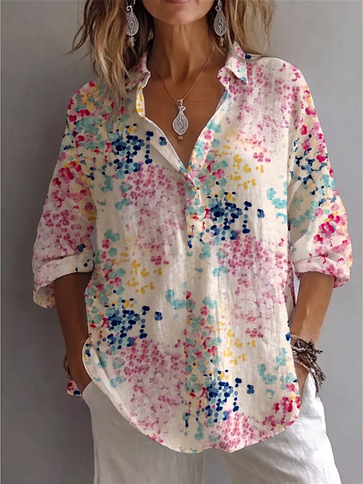 OffWhite Multicolor Watercolor Dot Print Lapel Roll Sleeve Shirt
