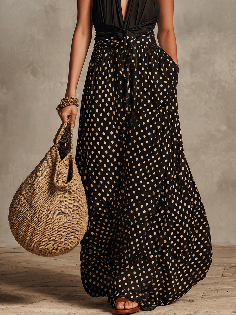 Elegant Bohemian Polka-Dot Halter Maxi Dress