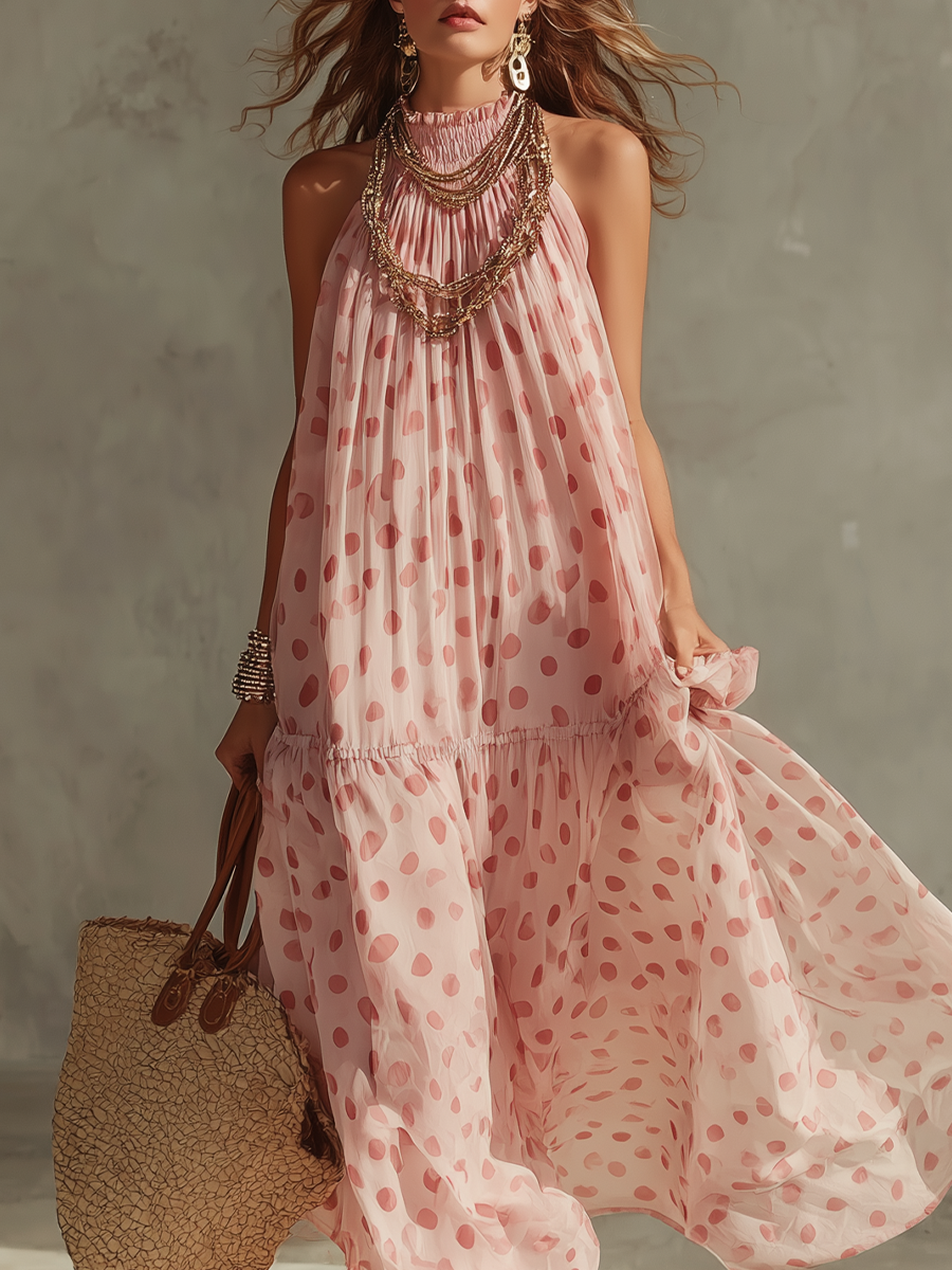 Resort Style Pink Polka Dot Halter Neck Flowy Maxi Dress
