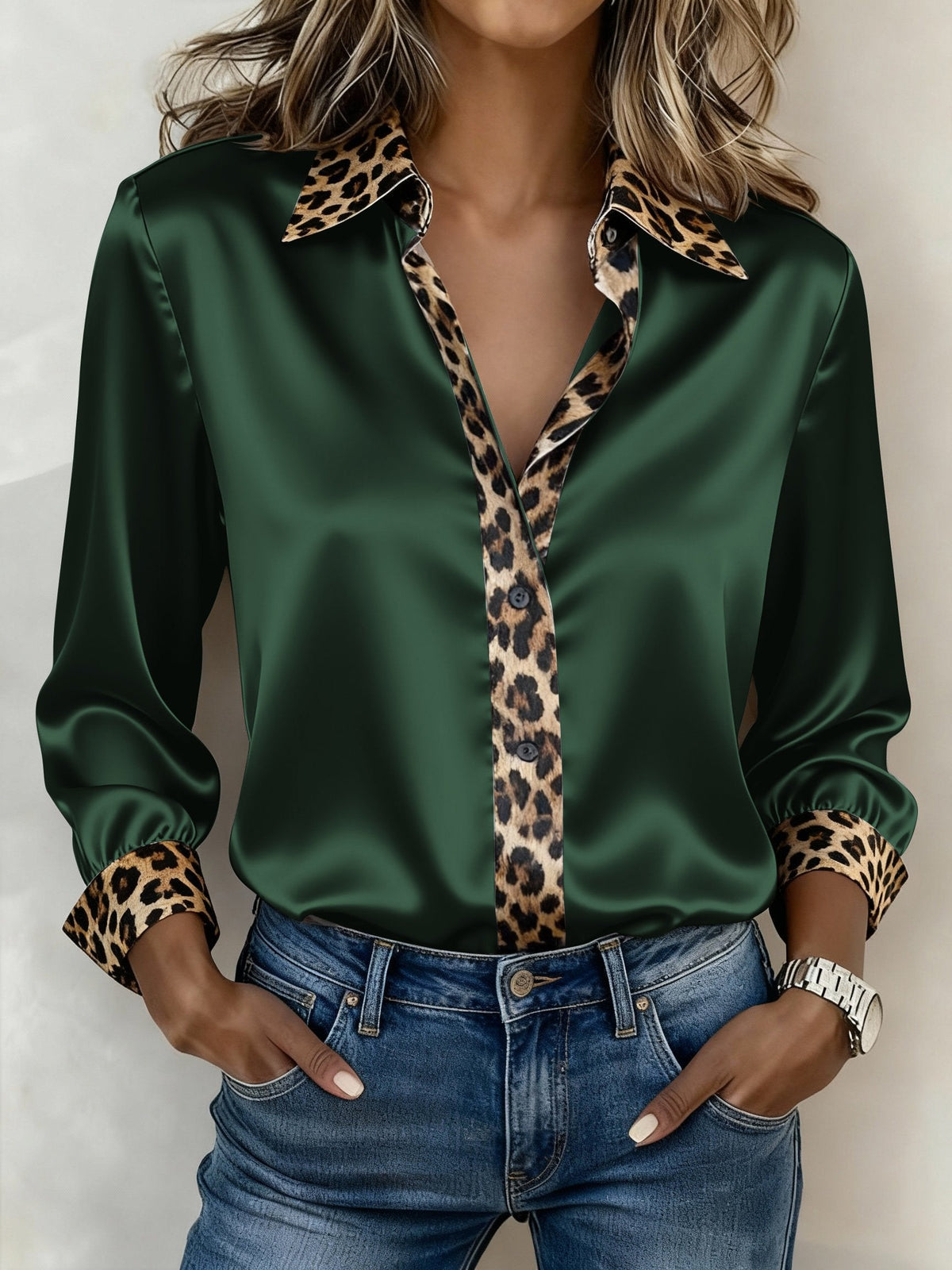 Women's Casual Leopard Print Patchwork Shirt