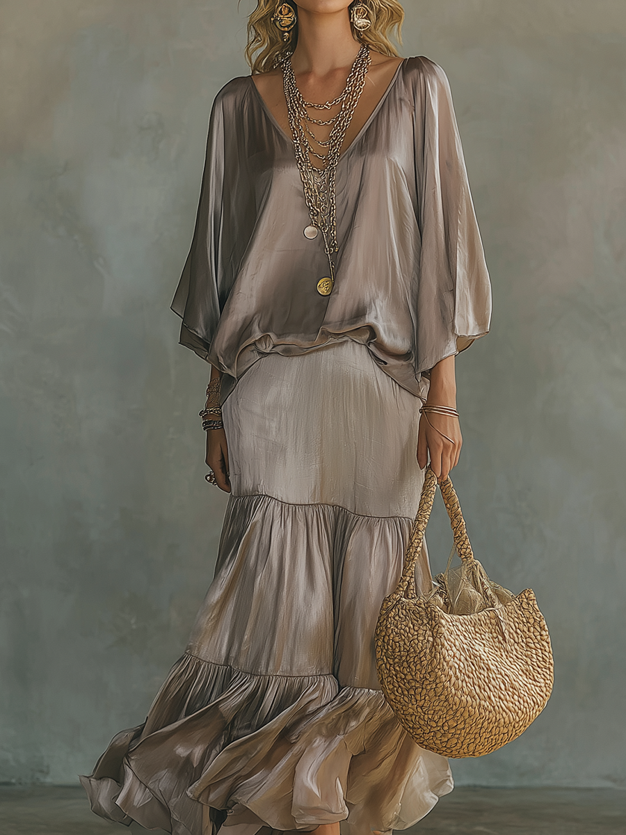 Soft Gray Flowing Ruffle Skirt Set