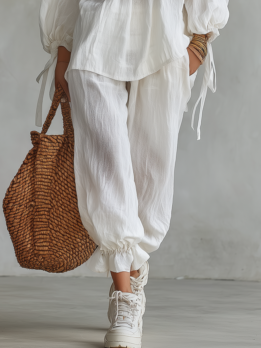 Relaxed White Textured V-Neck Top & Soft Pants Set