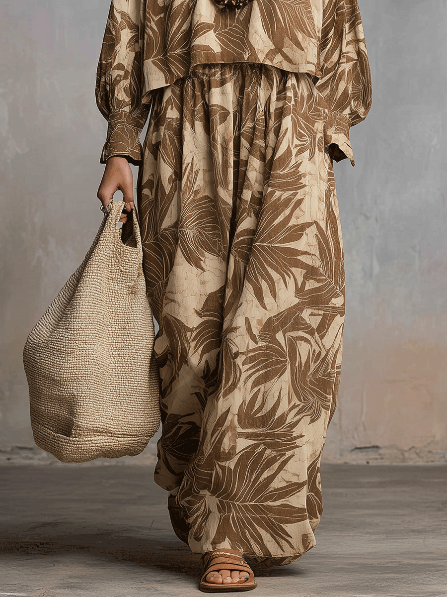 Earthy Leaf Print Bohemian Lounge Set