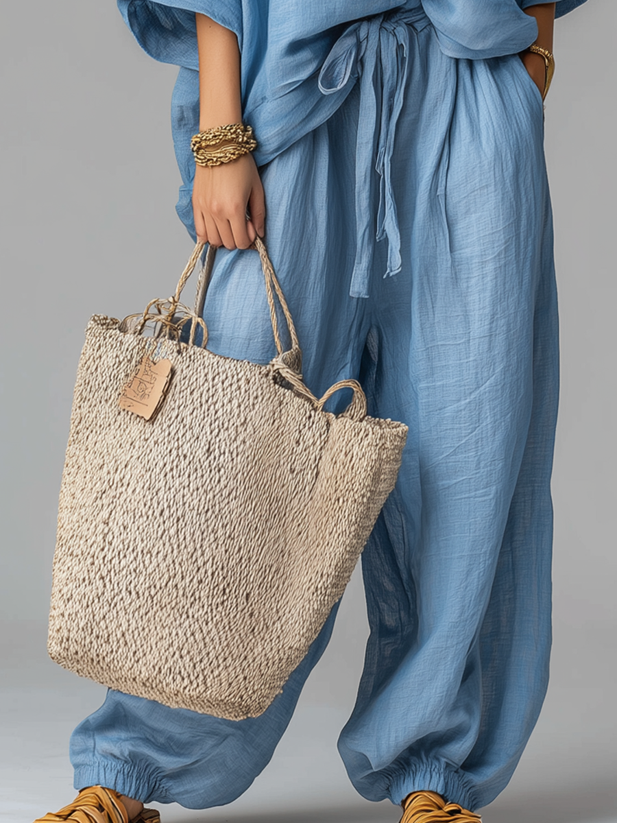 Airy Lake Blue Oversized Shirt & Tie-Waist Wide-Leg Pant Set