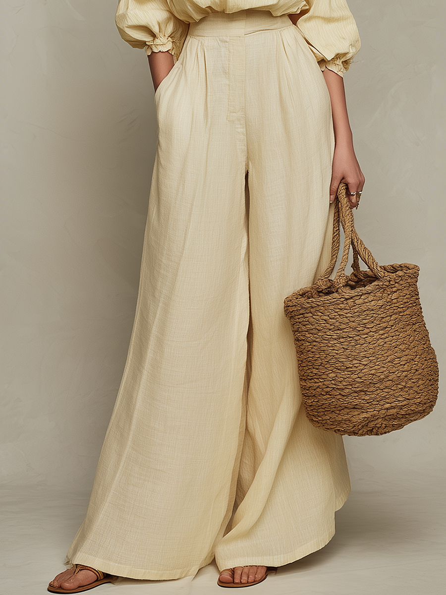 Romantic Off-Shoulder Puff-Sleeve Top & Wide-Leg Pant Set