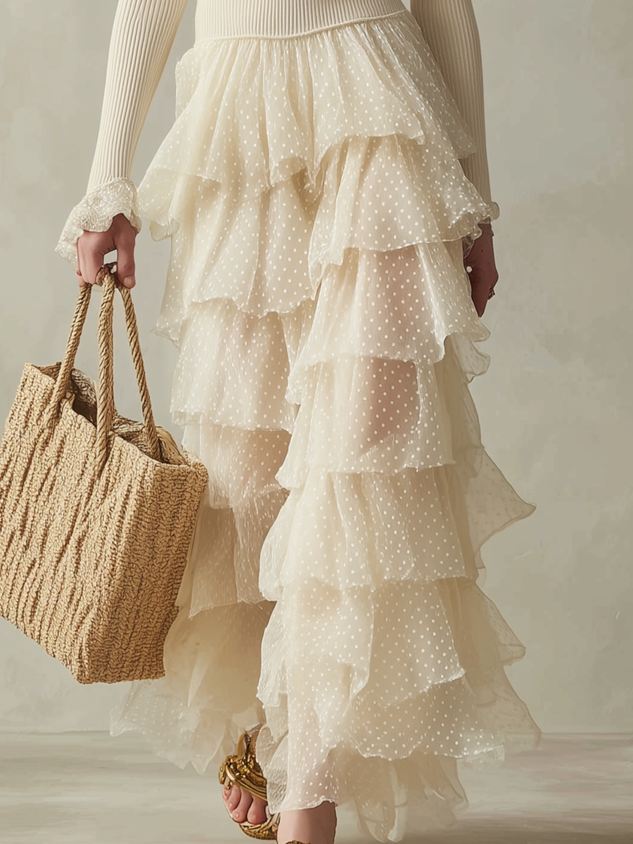 Elegant Square-Neck Knit & Polka-Dot Ruffle Two-Piece Set