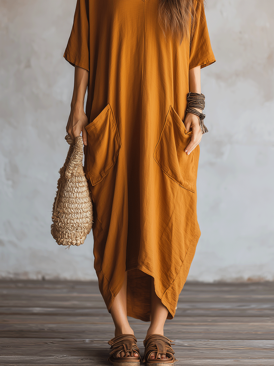 Boho Mustard Oversized Pocket Maxi Dress