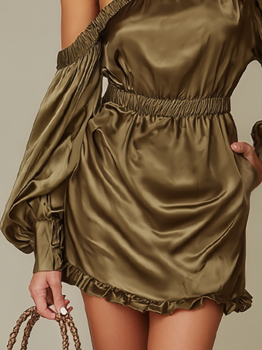 Elegant Olive One-Shoulder Satin Mini Dress
