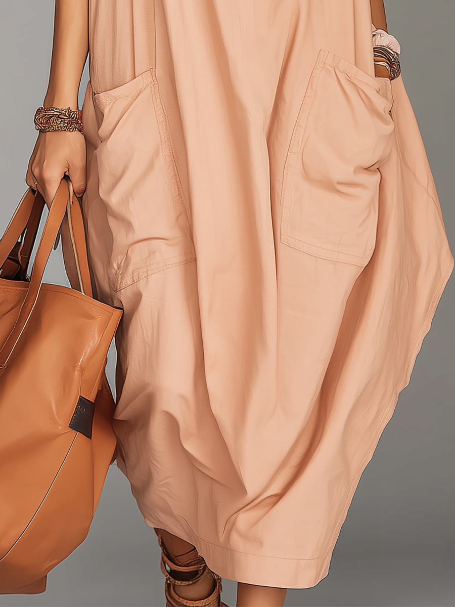 Casual Peach Sleeveless Pocketed Midi Dress