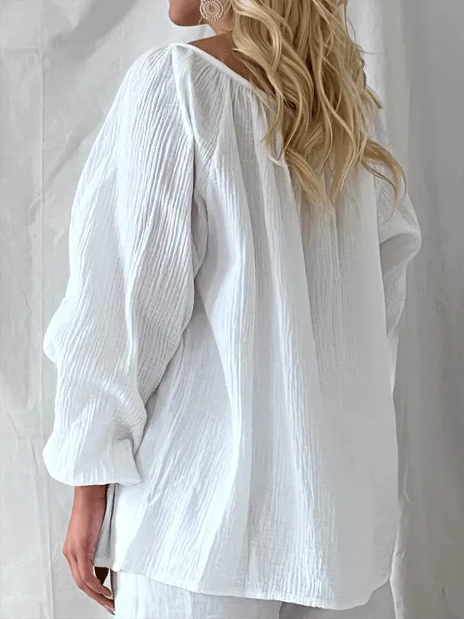 Solid Color Round Neck Cotton Linen Casual Shirt