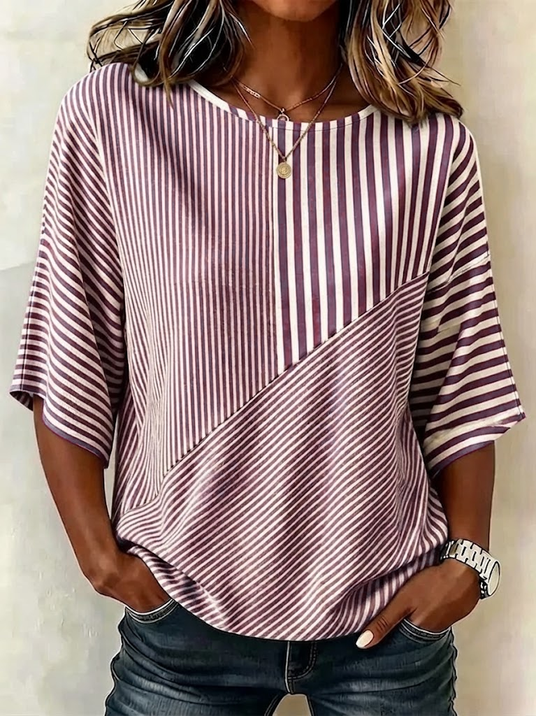 Women's Stripe Colorblock Crew Neck Half Sleeve Relaxed Top
