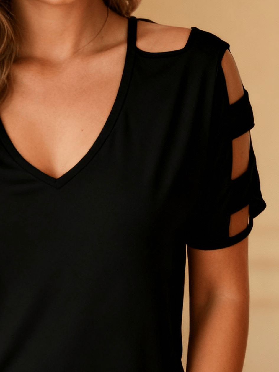 Women's Short-Sleeved, Open-Shoulder, Deep V-Neck T-Shirt