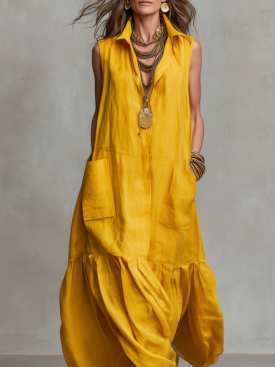 Bohemian Retro Mustard Yellow Pocket Maxi Dress