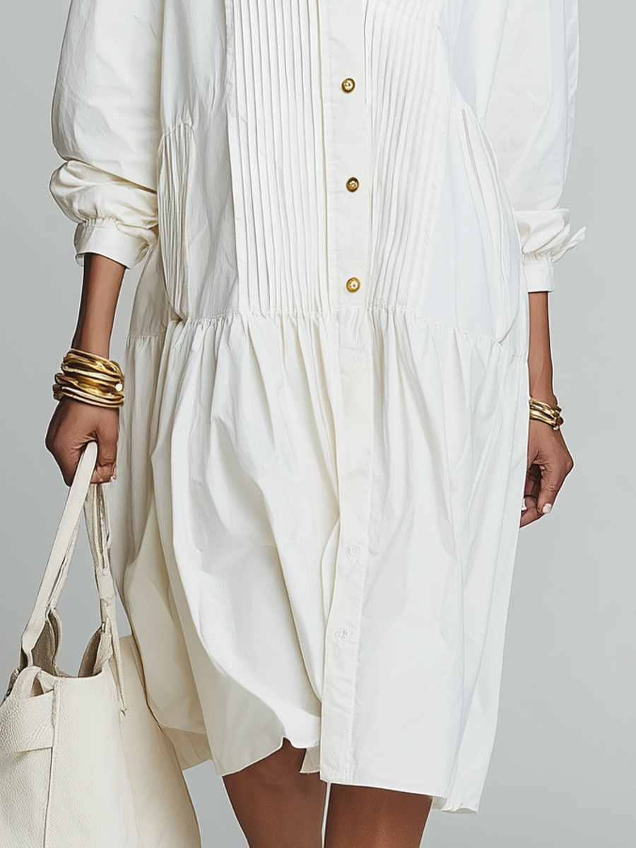 Elegant White Pleated Shirt-Style Midi Dress