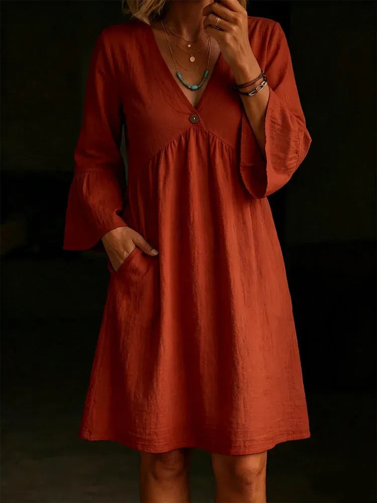 Ladies' Casual Daily Cotton And Linen V-Neck Patchwork Long Sleeved Jumpsuit Half Skirt