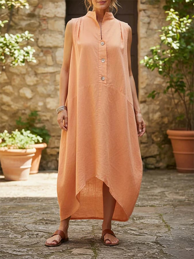 Women'S Stand-Collar Sleeveless Casual Loose Cotton And Linen Dress