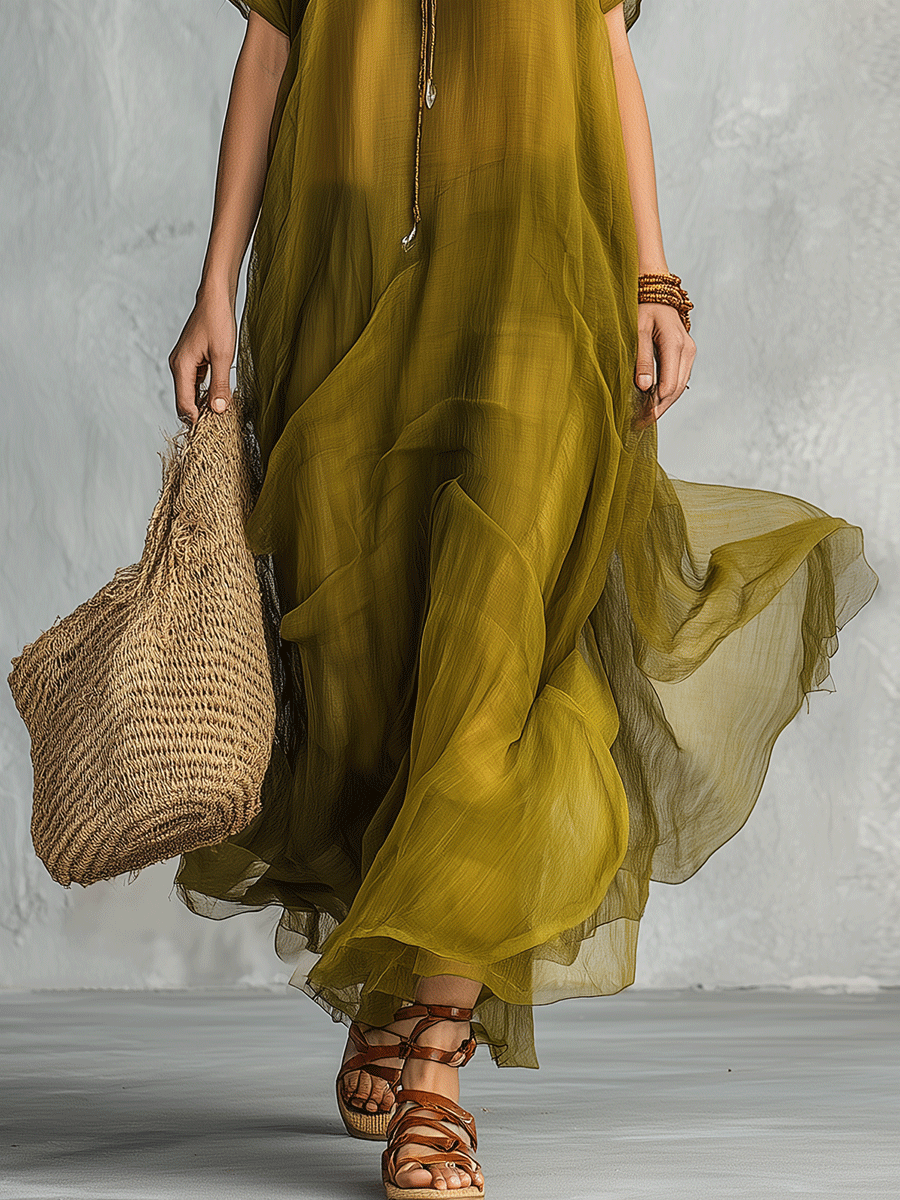 Lowing Olive Green Bohemian Maxi Dress With Draped Silhouette