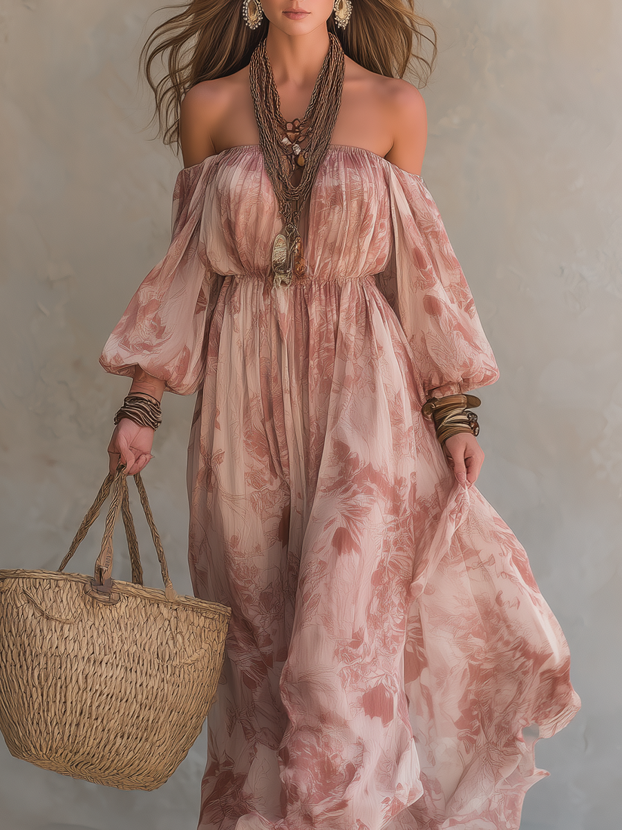 Blush Pink Bohemian Lantern Sleeve Long Dress