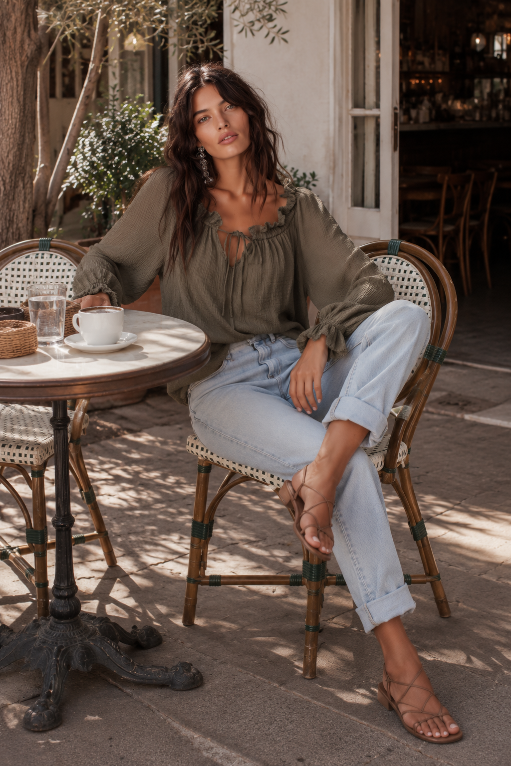 Chic Textured Cotton Split-Neck Lantern-Sleeve Olive Green Blouse