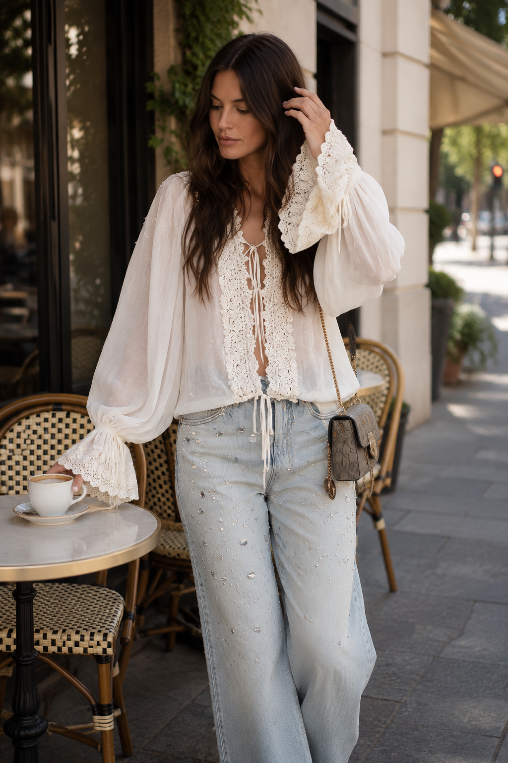 Romantic Boho Cotton-Gauze Crochet-Lace Tie-Front White Peasant Blouse