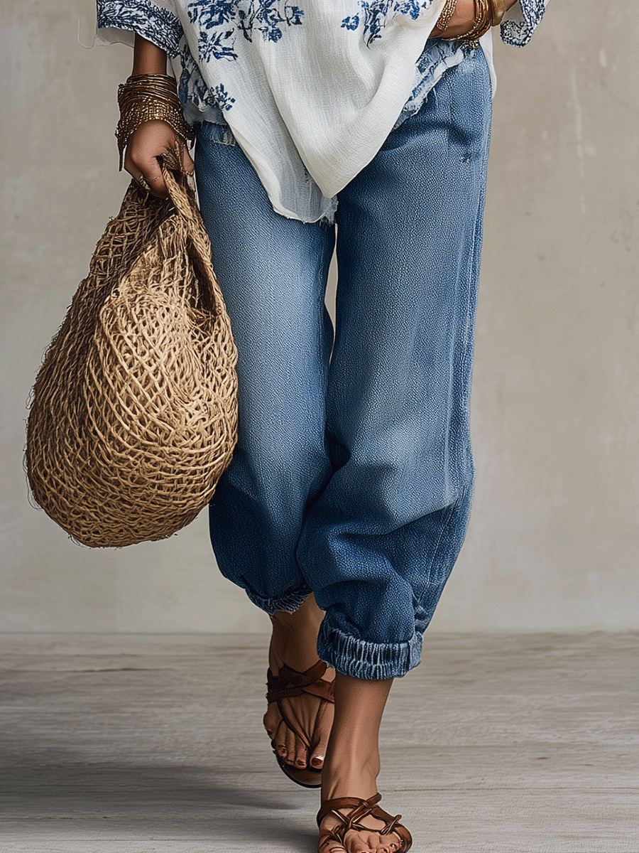 Retro Blue Printed Bohemian Style Shirt And Denim Set