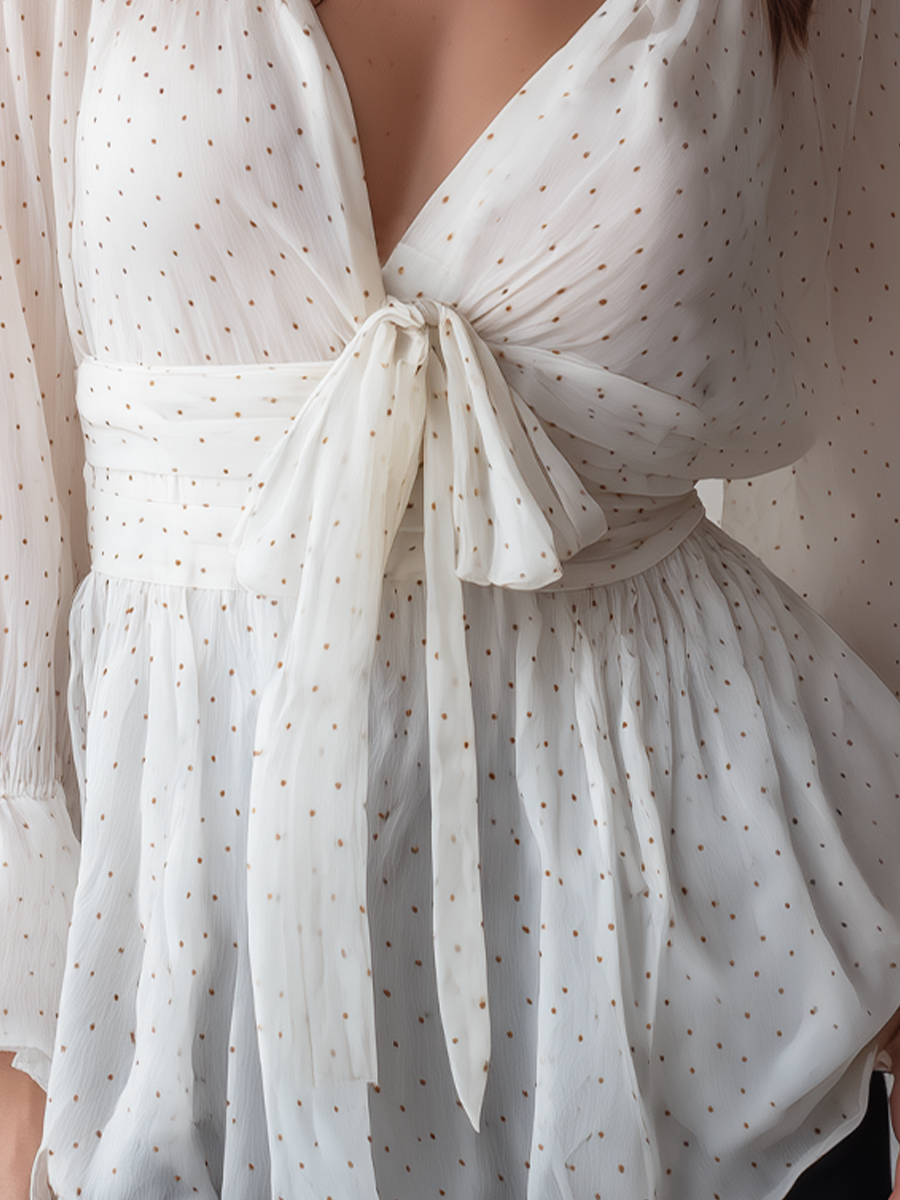 Romantic Polka Dot Tie-Front Blouse