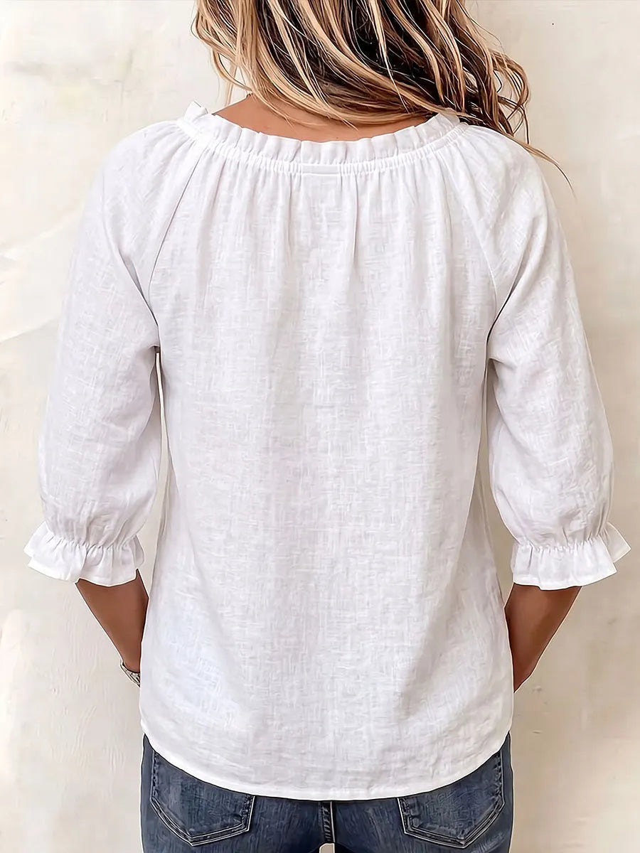 Women's Solid Color Round Neck 3/4 Sleeve Casual Loose Tie Top
