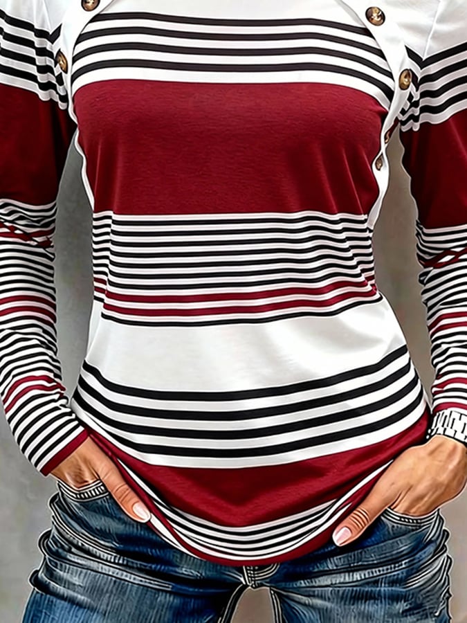 Women'S Casual Round-Neck Color-Block Striped Long-Sleeved Top