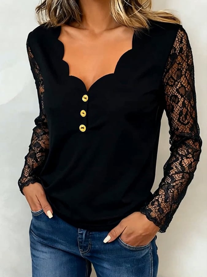 Women'S Casual Lace-Trimmed Long-Sleeved Top
