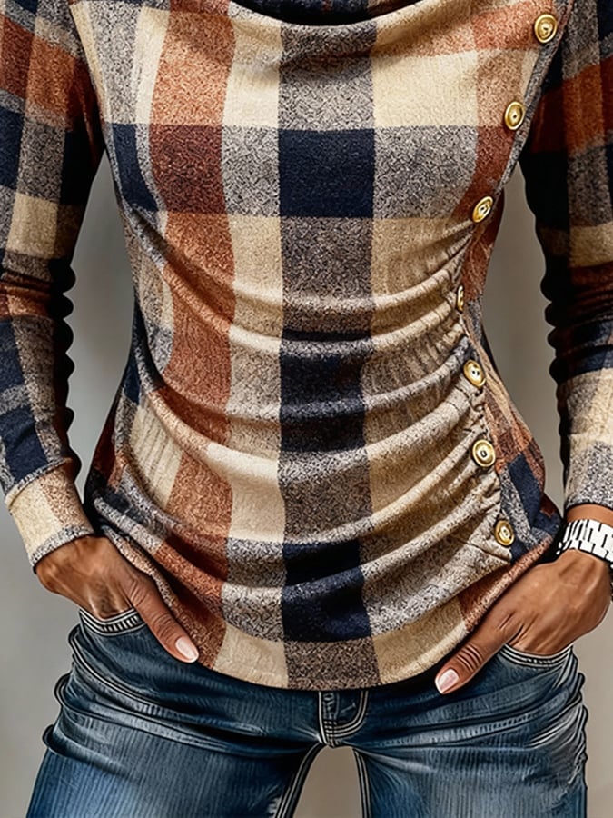 Women'S Casual Turtleneck Plaid Long-Sleeved Shirt
