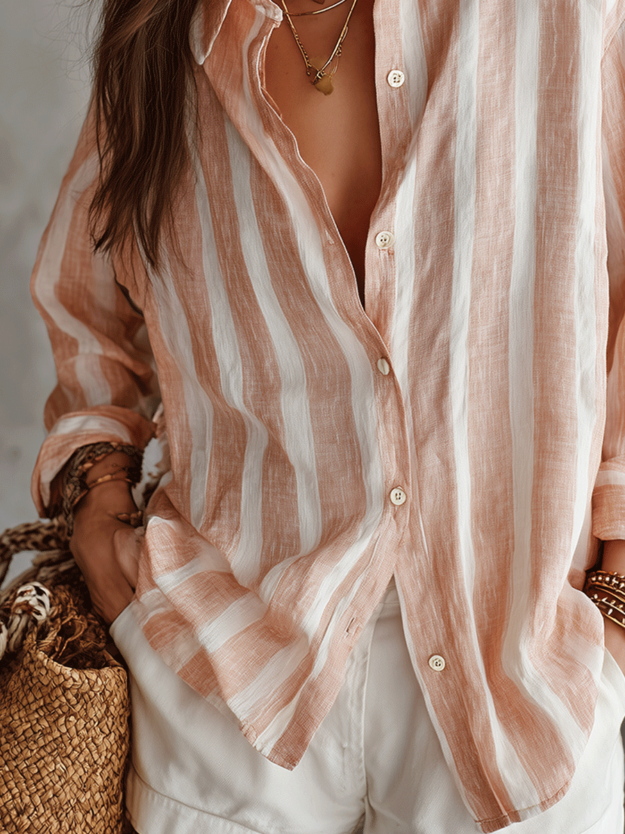 Relaxed Peach Striped Linen Boho Shirt