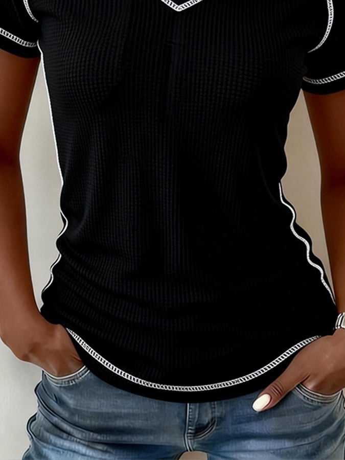 Women's Casual V-neck Waffle Patchwork Top