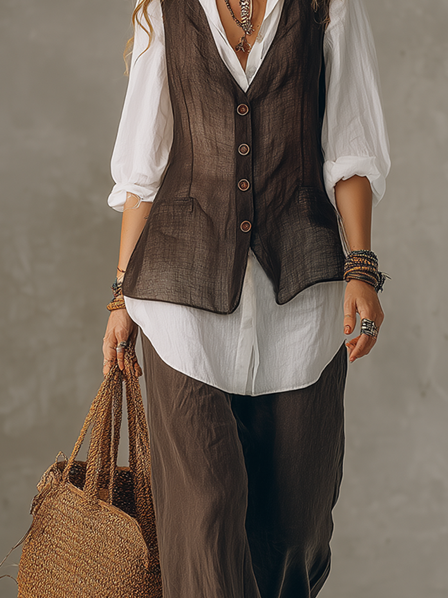 Bohemian Lightweight Linen Vest Shirt Layering Set