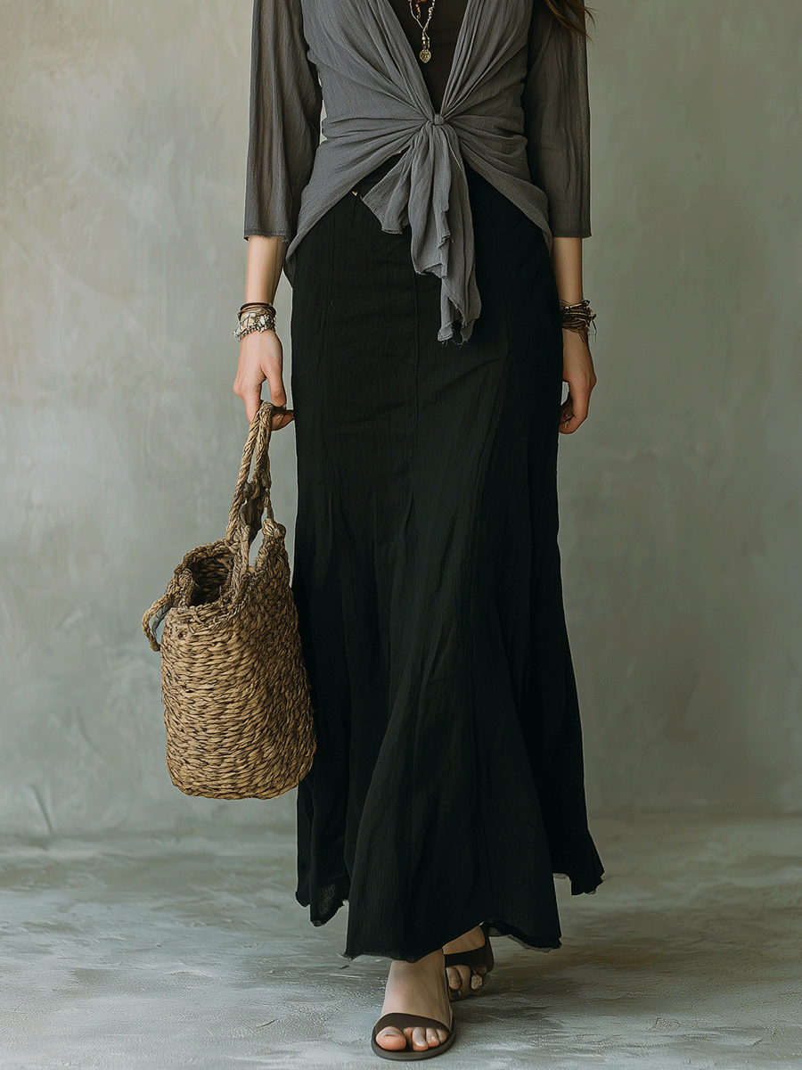 Chic Draped Cardigan & Black Maxi Dress Ensemble
