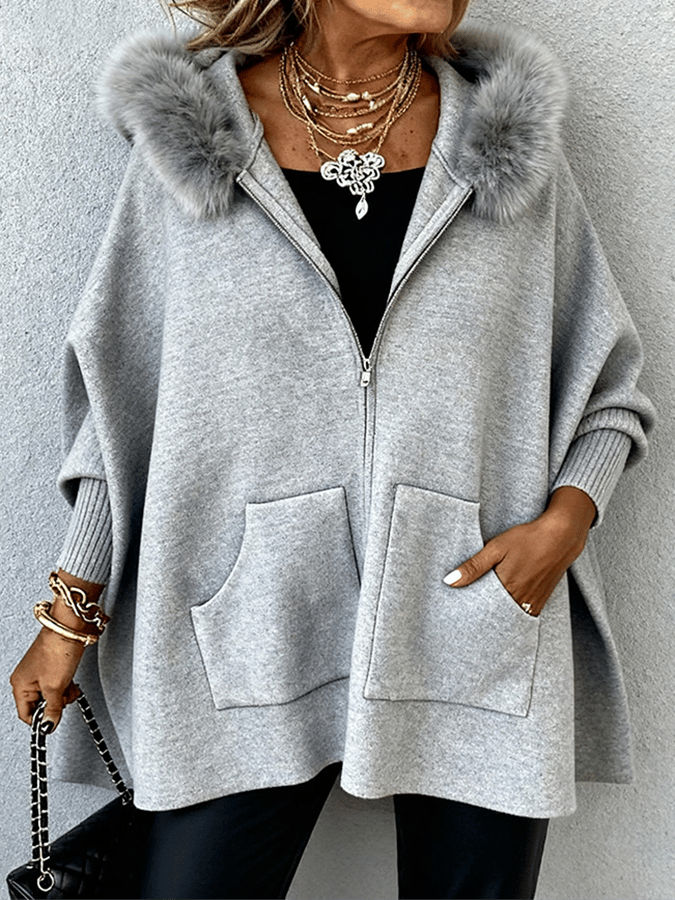 Women'S Casual Loose Hooded Fur Collar Cardigan Jacket