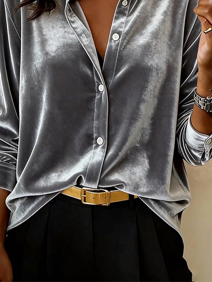 Women's Casual Solid Color Collared Velvet Shirt
