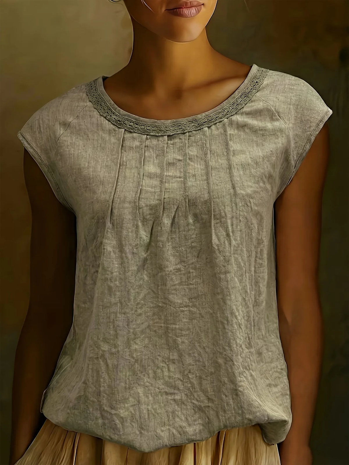 Women's Lace Collar Pleated Linen Top